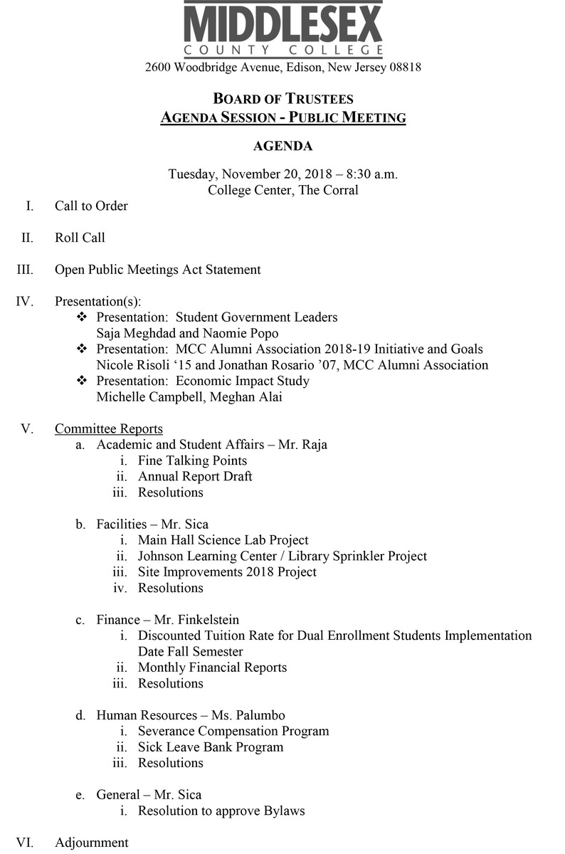 Board Of Trustees Meeting Agenda November 2018 - New Page